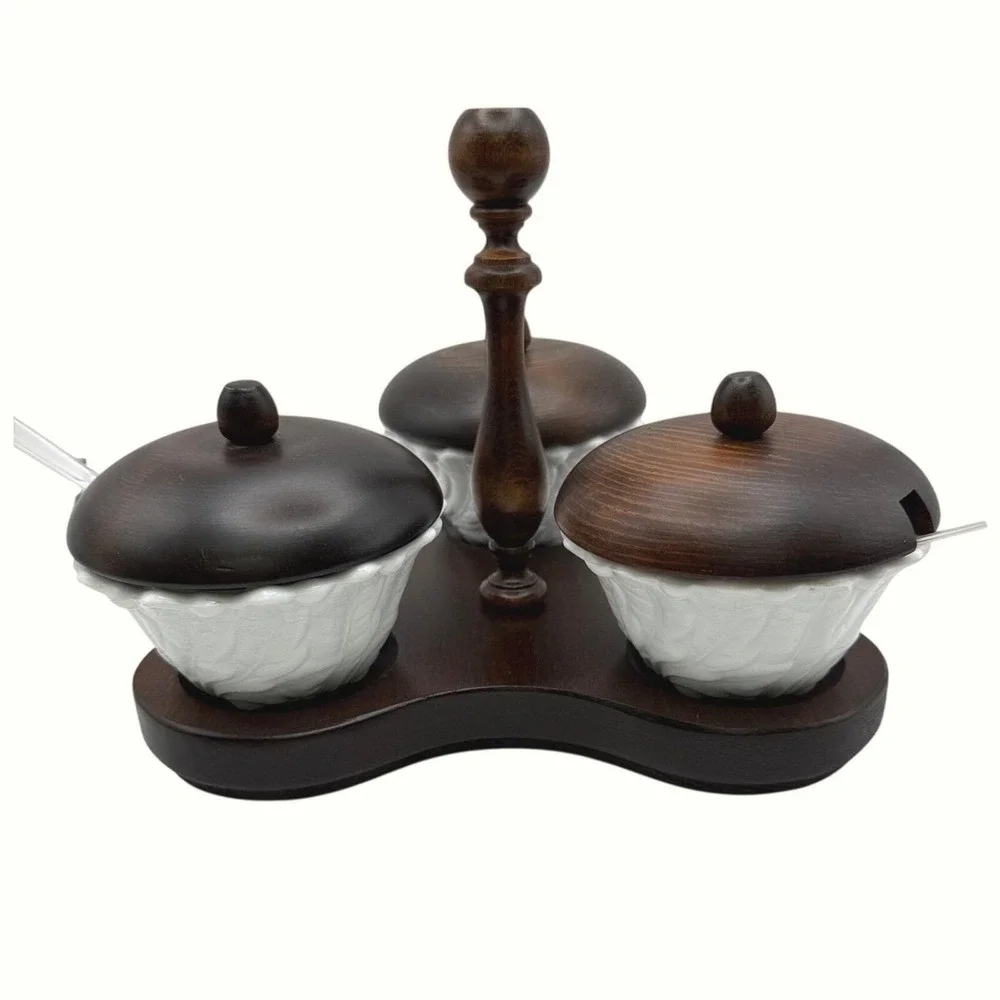 Vintage Cornwall Wood Tripod Nut Relish Dish 3 Milk Glass Bowls Maine USA